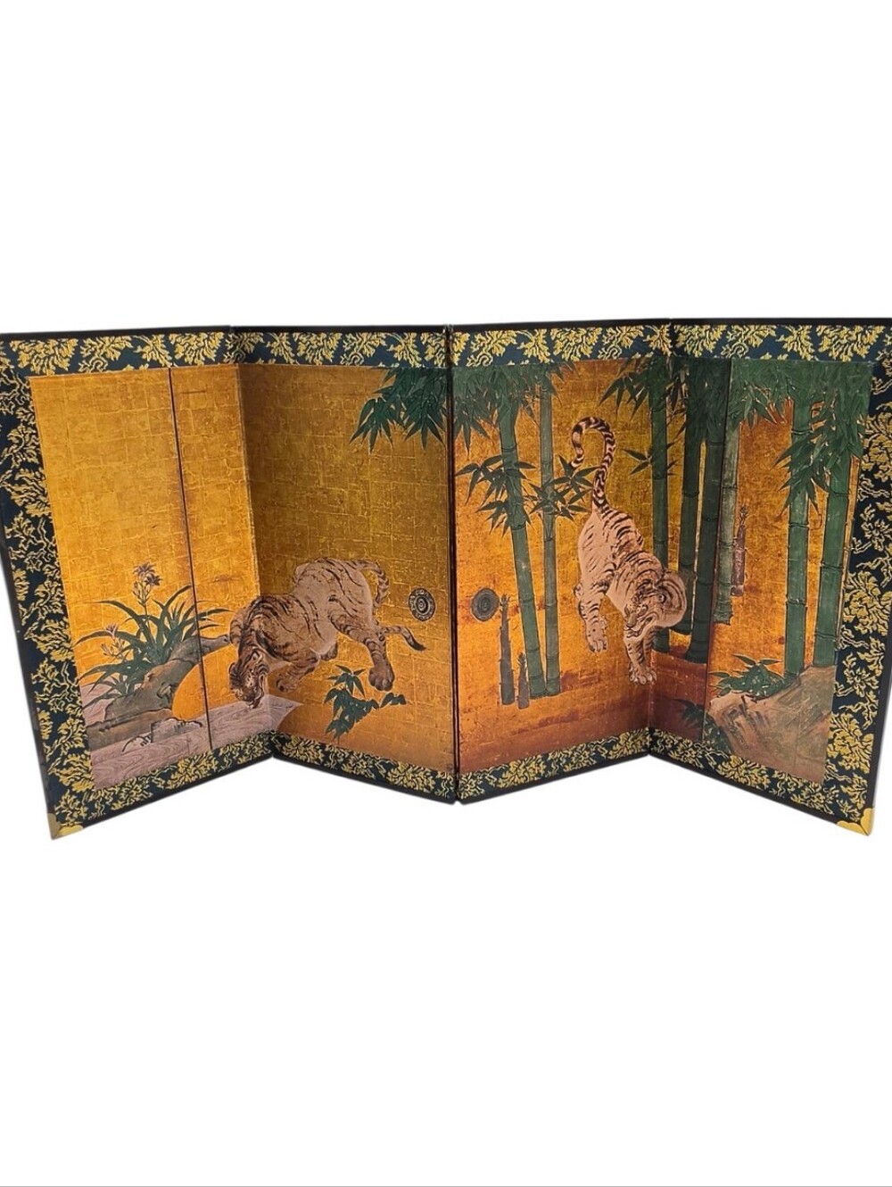Japanese Byobu Folding Screen Mini Multi-Panel Tiger & Bamboo Gold  Tone Border